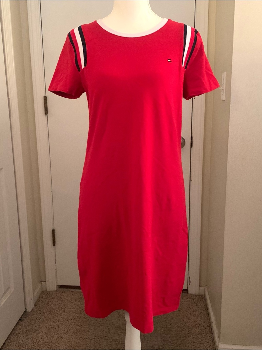 Tommy Hilfiger Knit Dress Short Sleeve Red White Navy Casual Sporty America Sz S